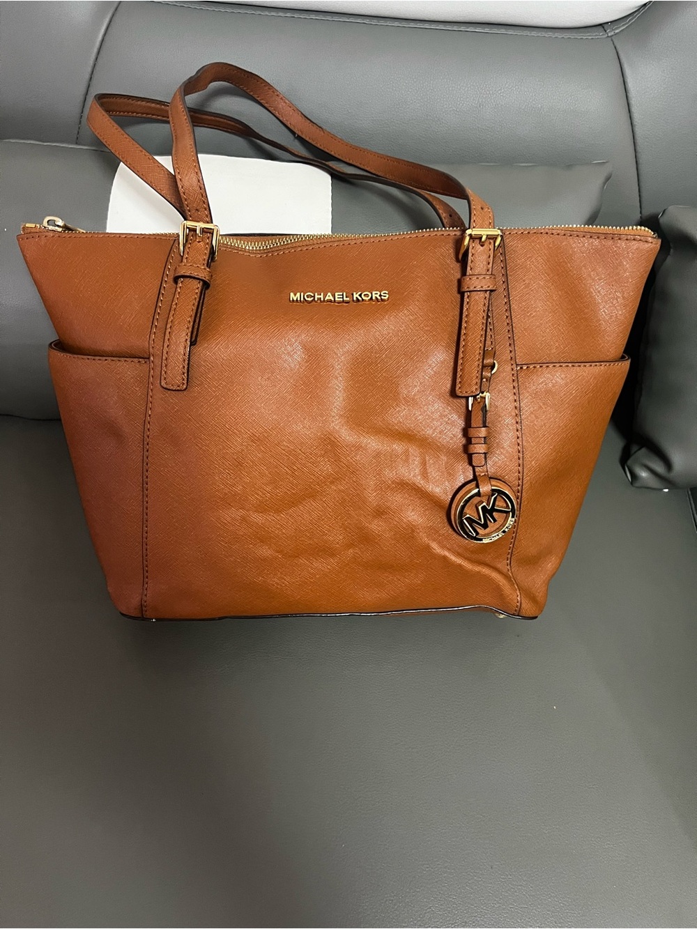 MICHAEL KORS Cognac Leather Tote with Gold Hardware